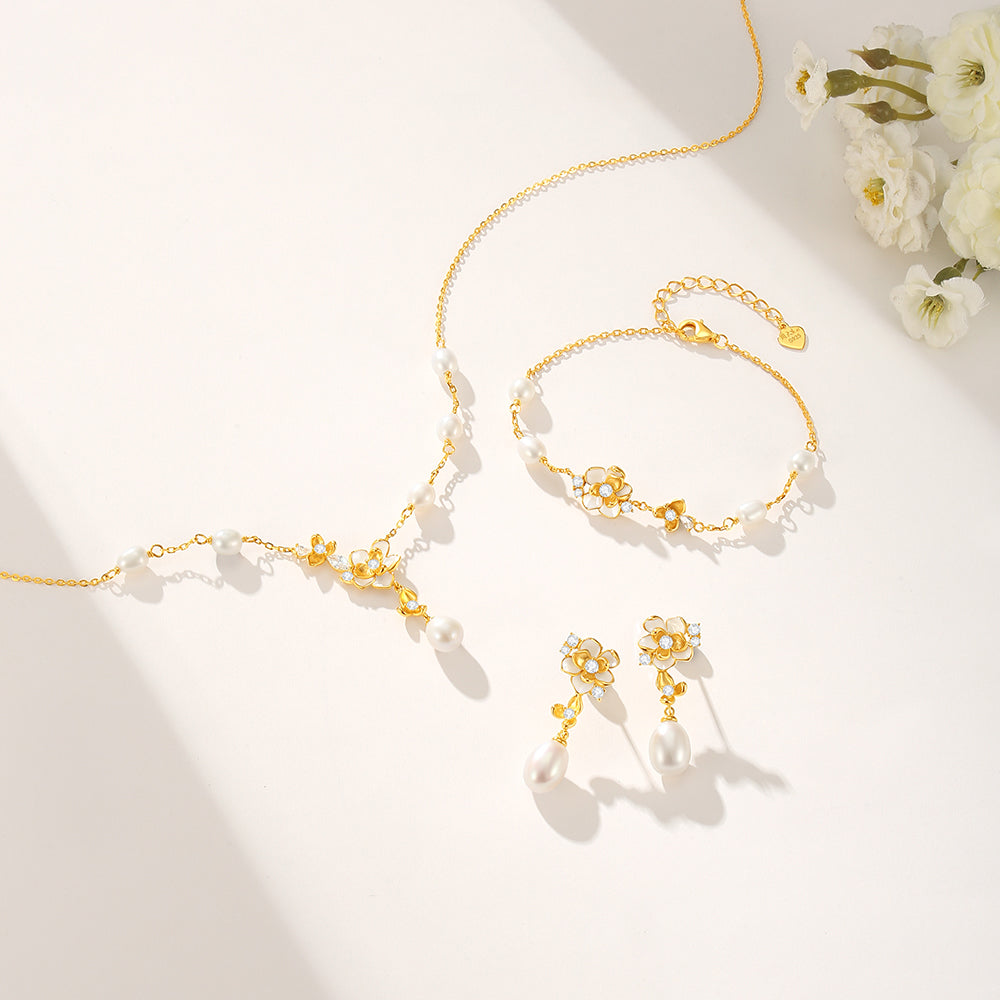 S925 Silver Pearl Elegant Jasmine Flower Jewelry Set - Earrings Necklace Bracelet