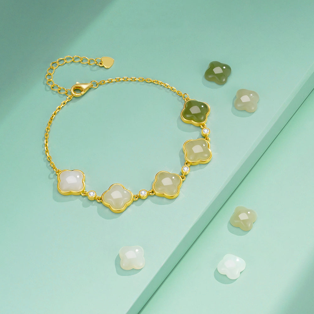 S925 Silver Gradient Color Hetian Jade Clover Bracelet
