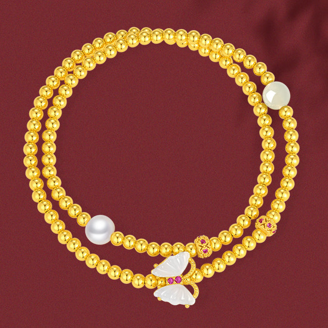 S925 Silver Pearl Hetian Jade Butterfly Layered Bracelet
