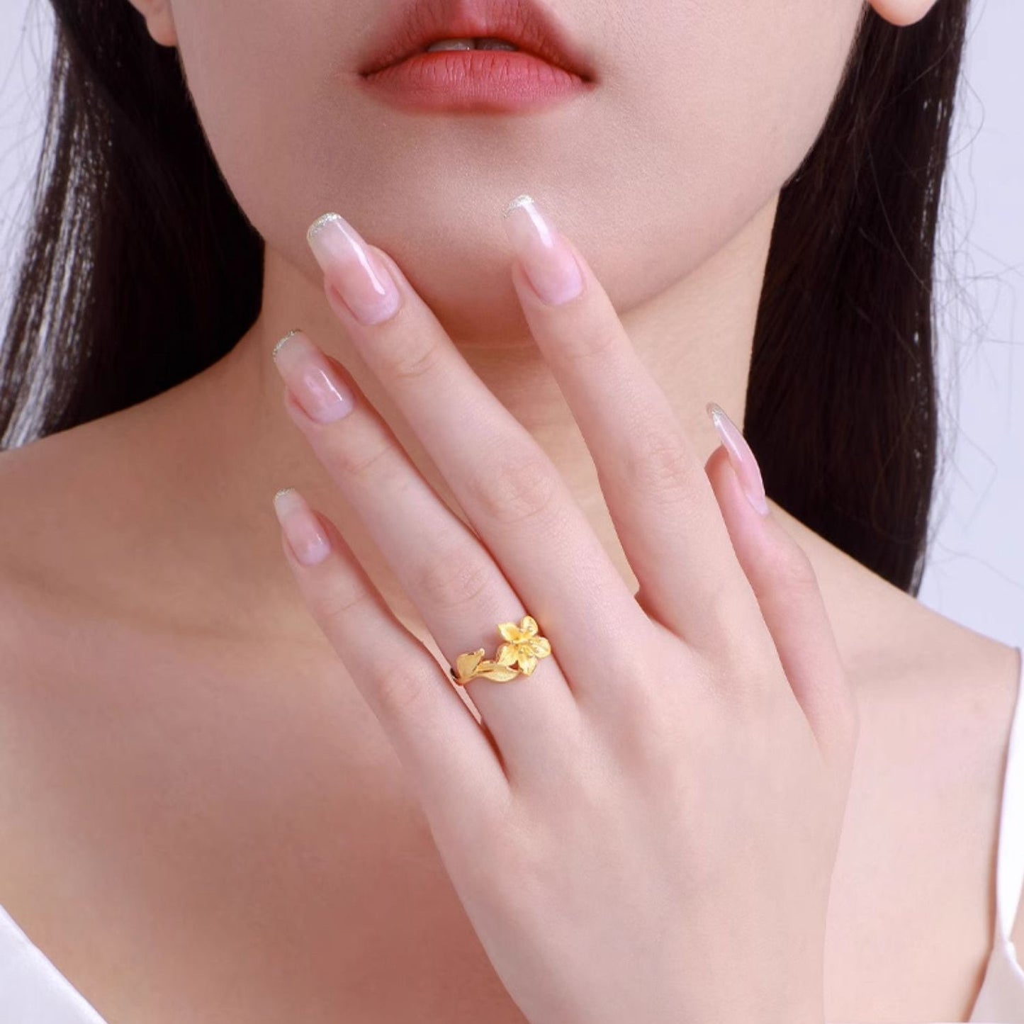 Happy Flower Wedding Series 24K Gold Elegant Nicotiana Alata Flower Jewelry Set - Ring Earrings Necklace