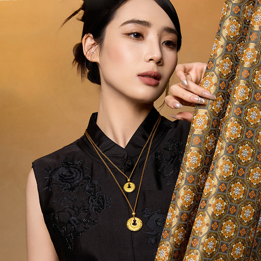Chinese Cultural Relics Series 24K Gold Nanjing Brocade Ping An Buckle Necklace