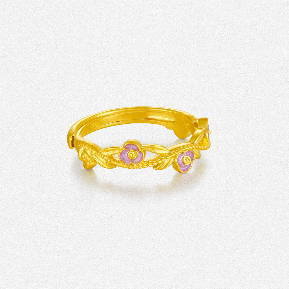 Monet Garden Series 24K Gold Enamel Pink Rose Ring