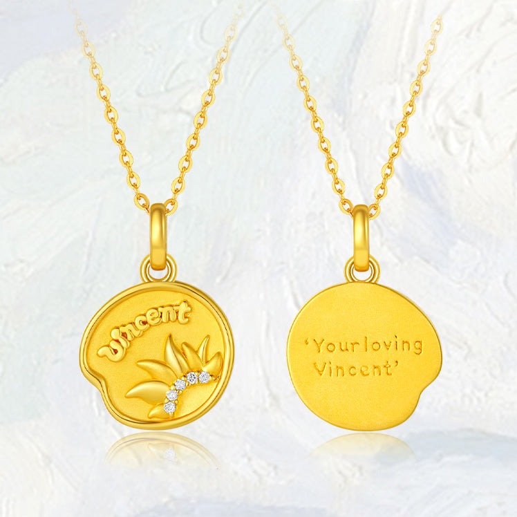 Blazing Van Gogh Series 24K Gold Diamond Sunflower Round Pendant