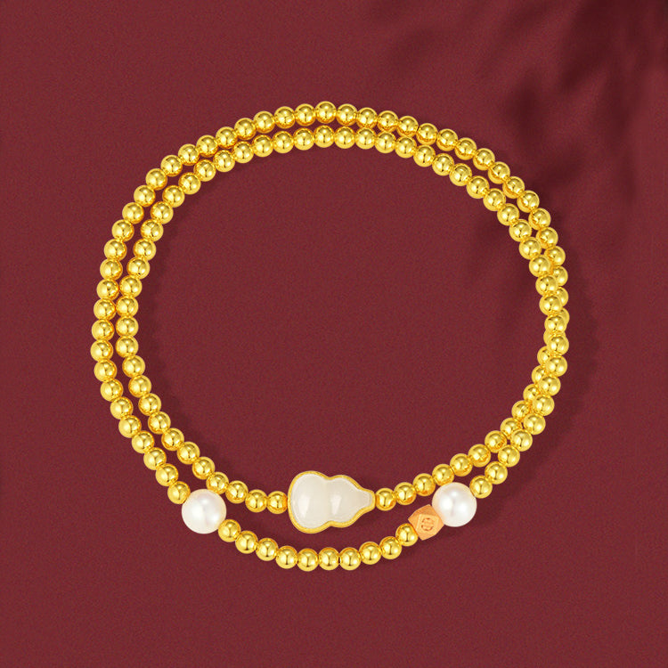 S925 Silver Pearl Hetian Jade Gourd Layered Bracelet