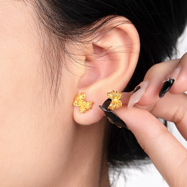 GOLDEN LIFE 24K Gold Hallow Ribbon Bow Knot Stud Earrings