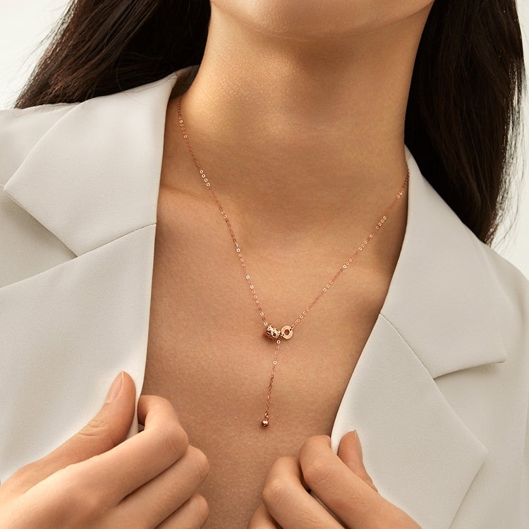 18K Gold Rose Gold Barrel and Bead Y Shape O-chain Necklace