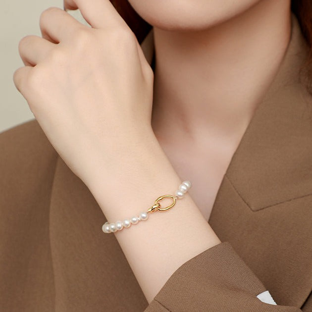 S925 Silver Gold Geometric Buckle Pearl Jewelry Set - Bracelet Necklace
