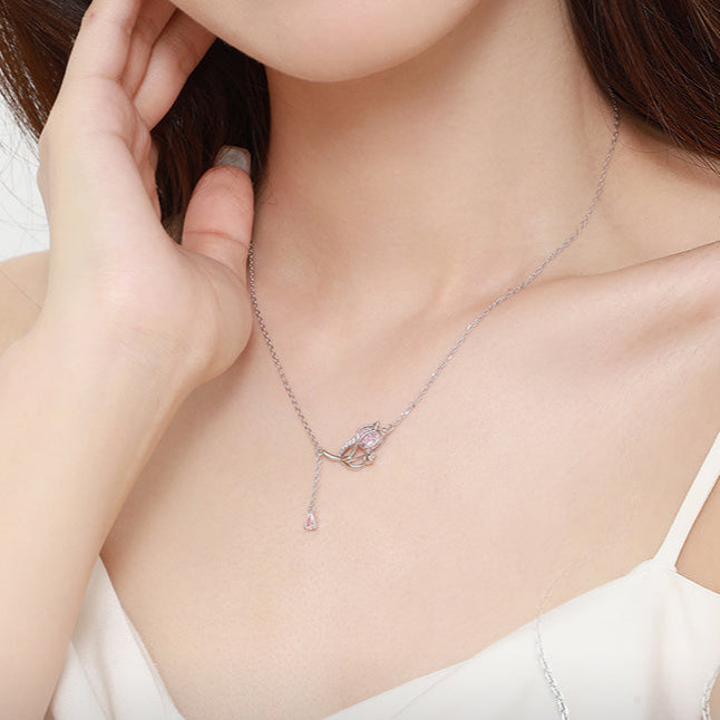 S925 Silver Zircon Pink Rose Necklace