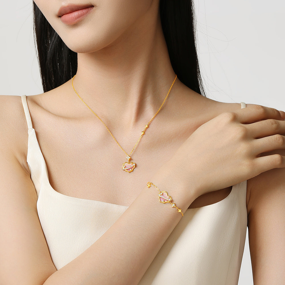 S925 Silver Secret Words Luminous Enamel Heart Planet Jewelry Set - Necklace Bracelet