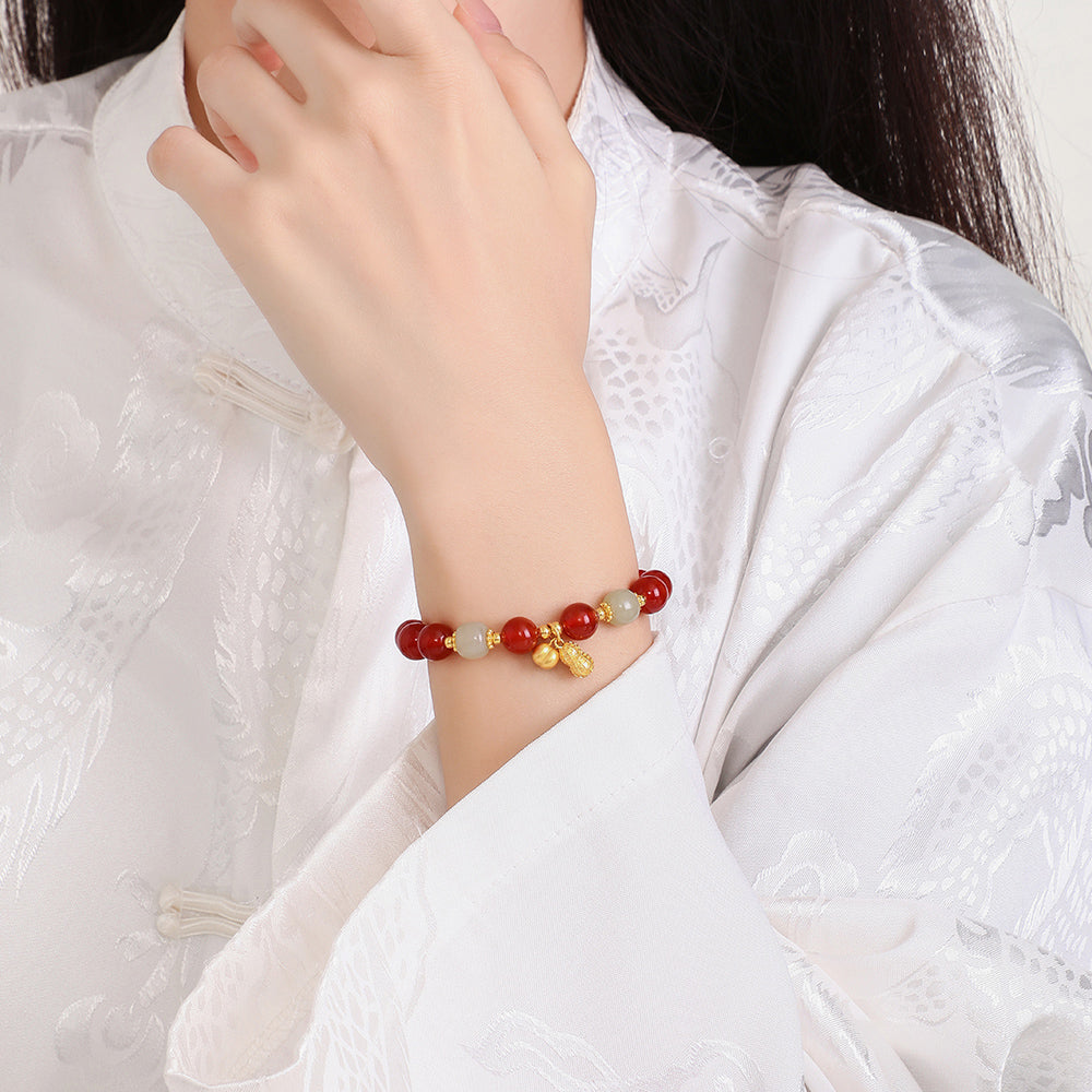 S925 Silver Peanut Persimmon Jade Agate Beaded Bracelet