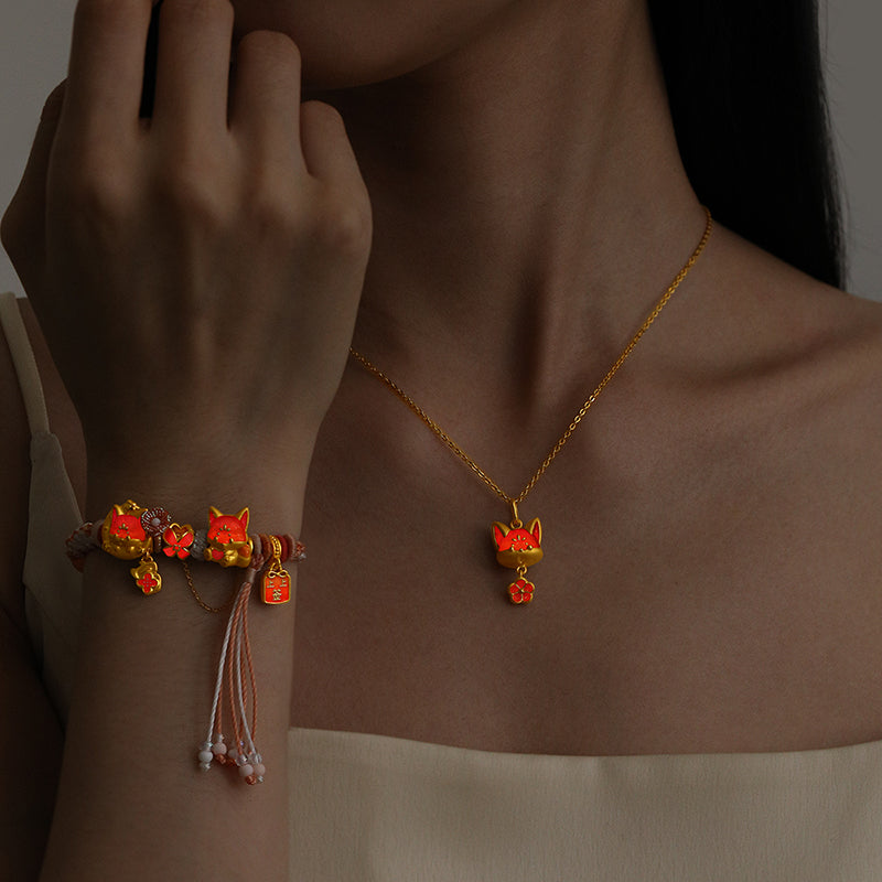 First Series 24K Gold Luminous Enamel Peach Blossom Fox Necklace Pendant