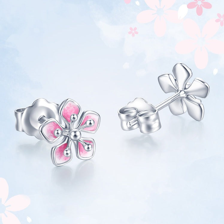 Pt950 Platinum Enamel Peach Blossom Flower Earrings