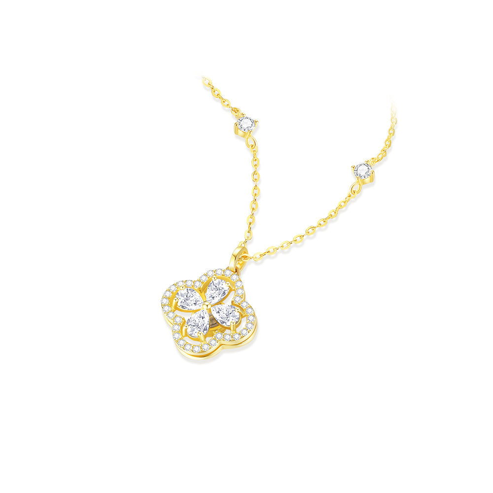S925 Silver Zircon Double-sided Rotatable Lucky Clover Necklace