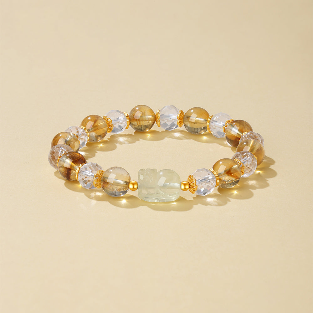 S925 Silver Natural Yellow Citrine Clear Crystal Pixiu Beaded Bracelet