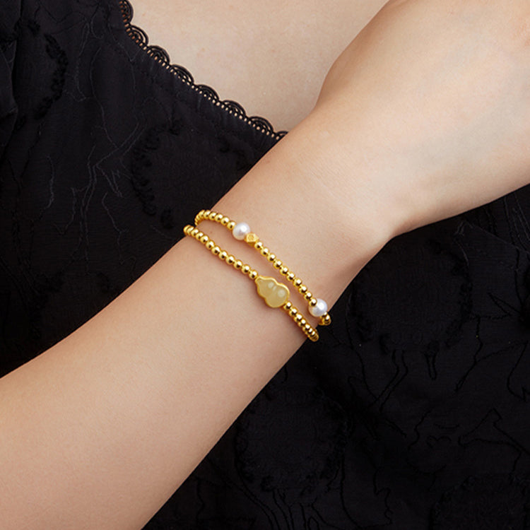 S925 Silver Pearl Hetian Jade Gourd Layered Bracelet
