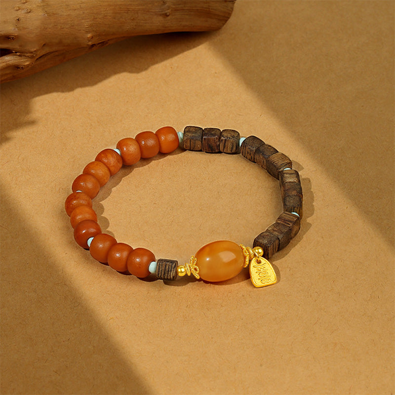 S925 Silver Ancient Chinese Style Amber Agarwood Beaded Bracelet
