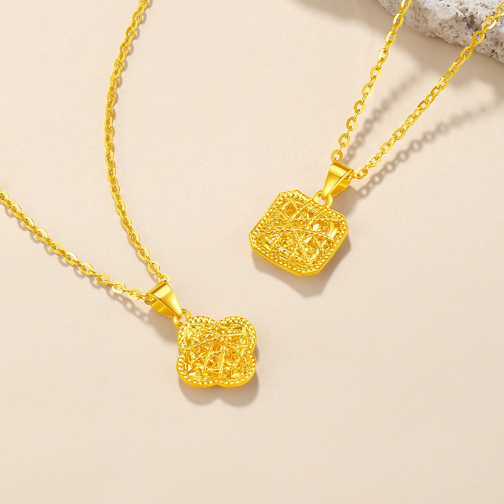 24K Gold Hollow Brushed Sugar Cube Clover Pendant