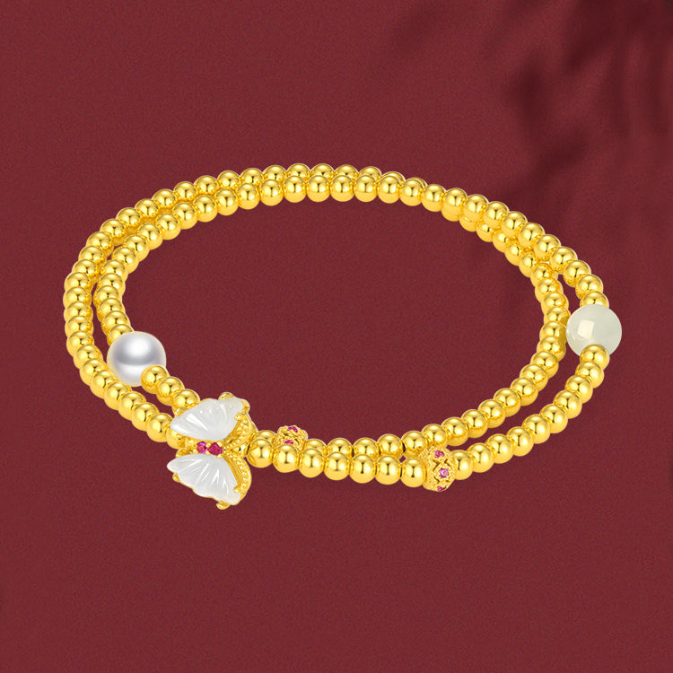 S925 Silver Pearl Hetian Jade Butterfly Layered Bracelet