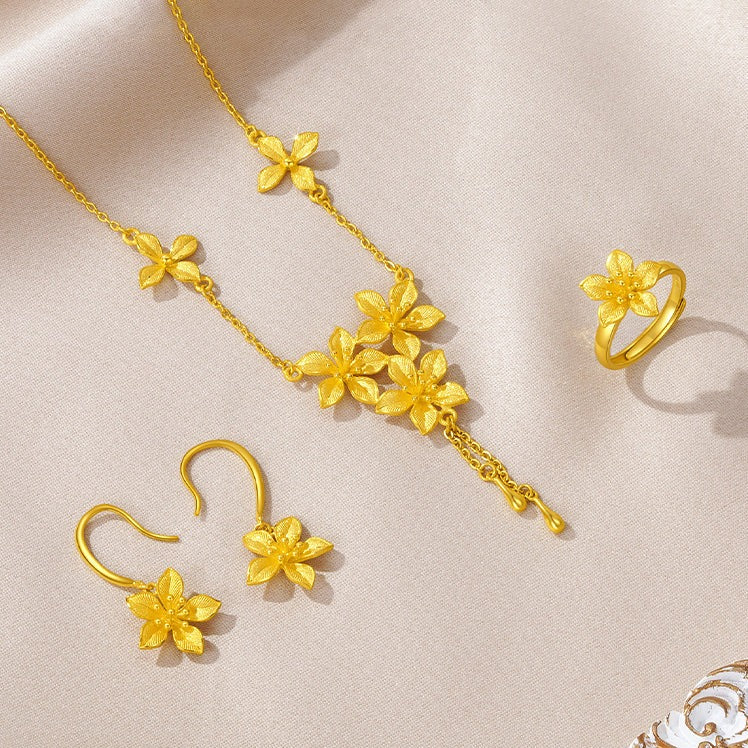 Happy Flower Wedding Series 24K Gold Cute Nicotiana Alata Flower Jewelry Set - Necklace Earrings