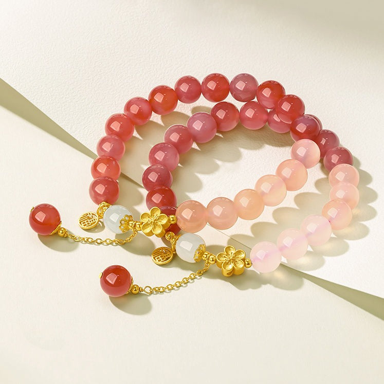 S925 Silver Peach Blossom Flower Pink Agate Beaded Bracelet
