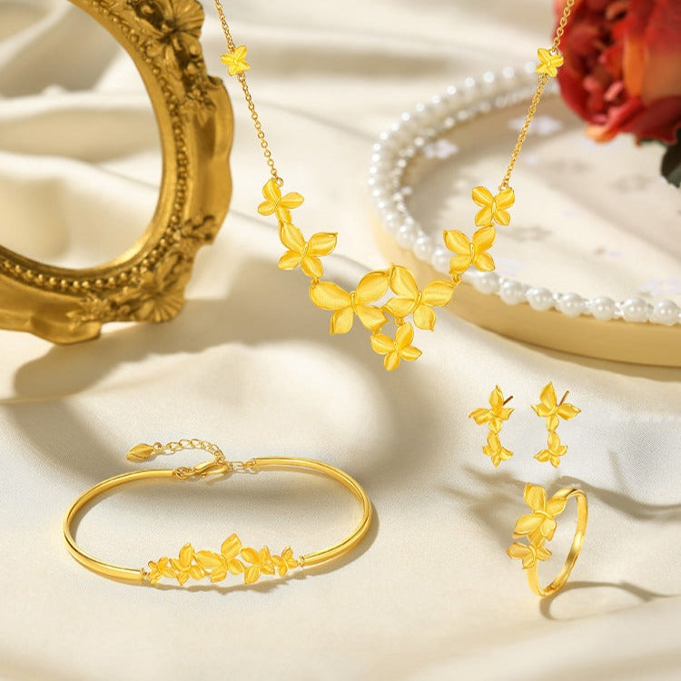 Happy Flower Wedding Series 24K Gold Butterfly Love Flower Jewelry Set - Necklace Earrings Ring