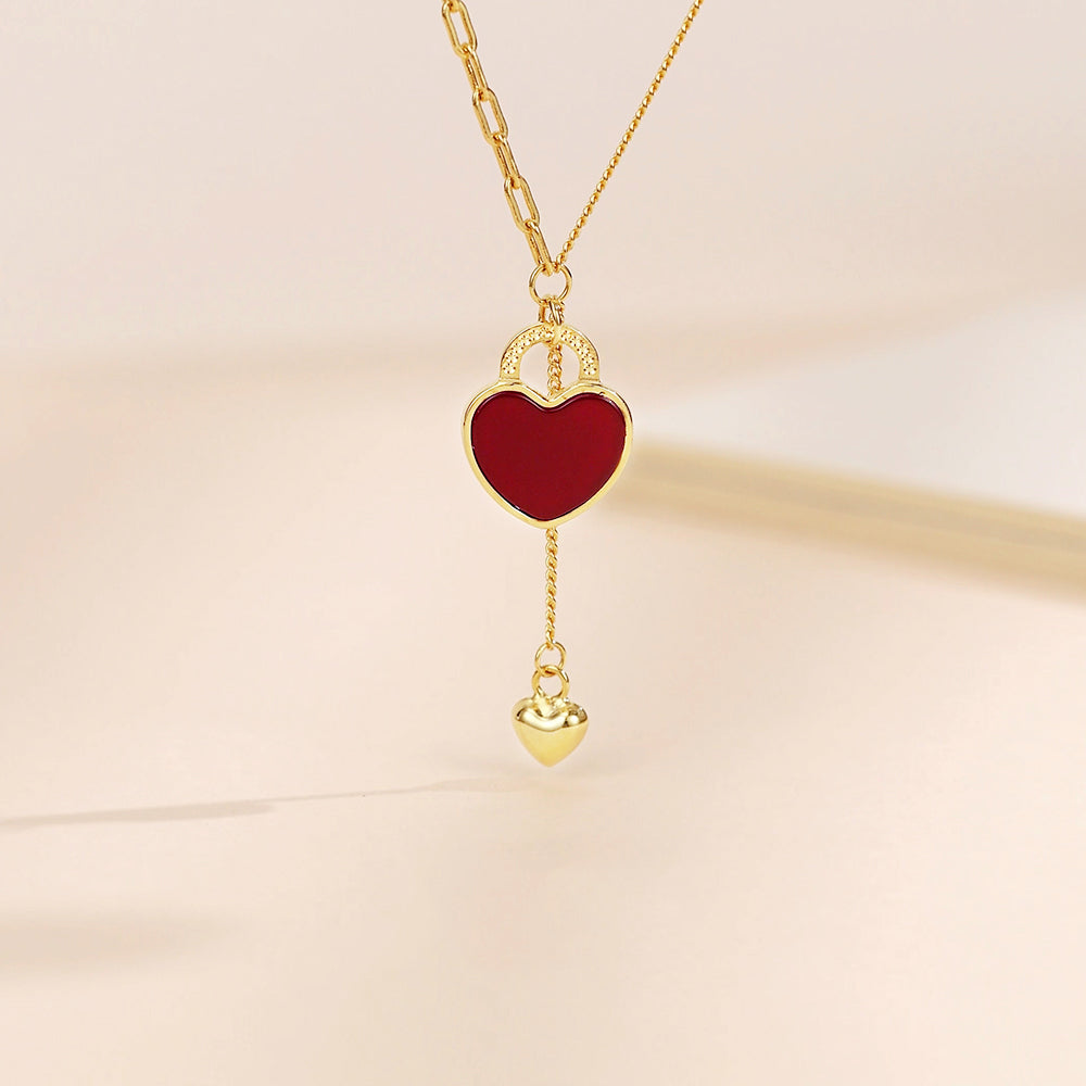 S925 Silver Agate Red Heart Lock Necklace
