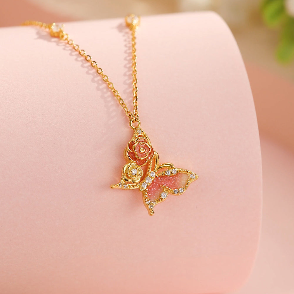 S925 Silver Luminous Enamel Rose Butterfly Necklace