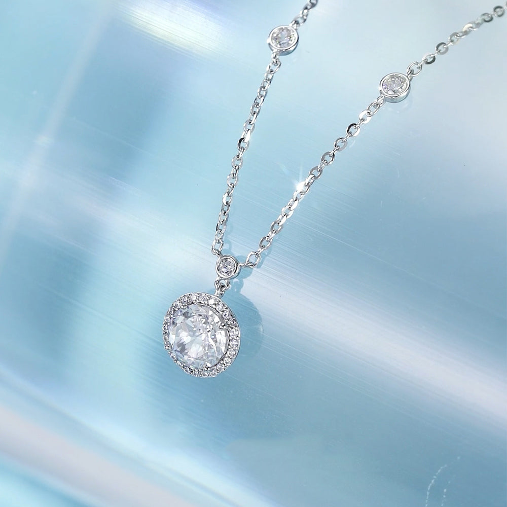 S925 Silver Round Cut Zircon Halo Necklace
