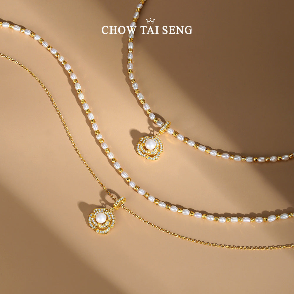 S925 Silver Pearl Camellia Double Layer Necklace