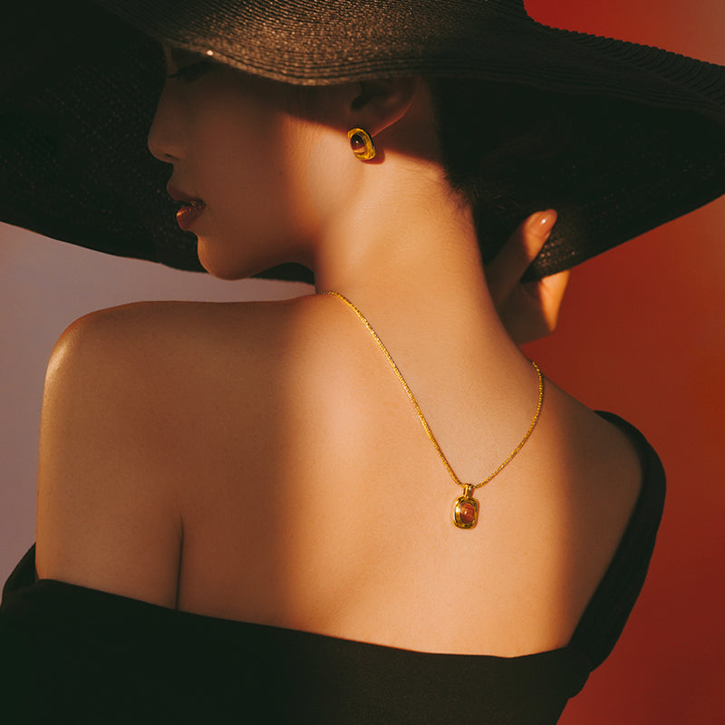 S925 Silver Alloy Tiger Eye Stone Vintage Style Jewelry Set - Neckalce Earrings