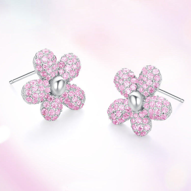 S925 Silver Zircon Pink Flower Stud Earrings