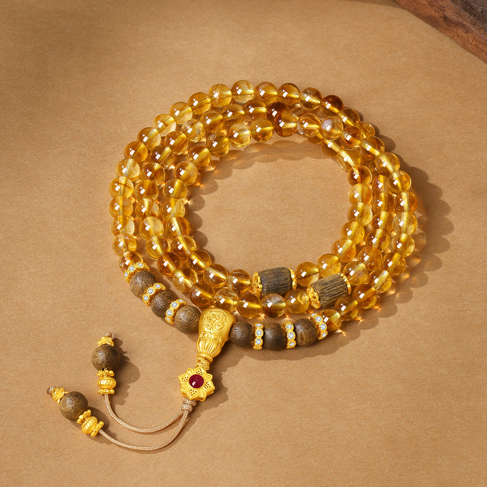S925 Silver Lotus Calabash Gourd Agarwood Citrine Long Beaded Bracelet