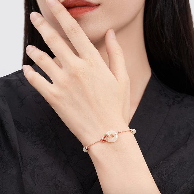 S925 Silver Hetian Jade Koi Ping An Buckle Bracelet