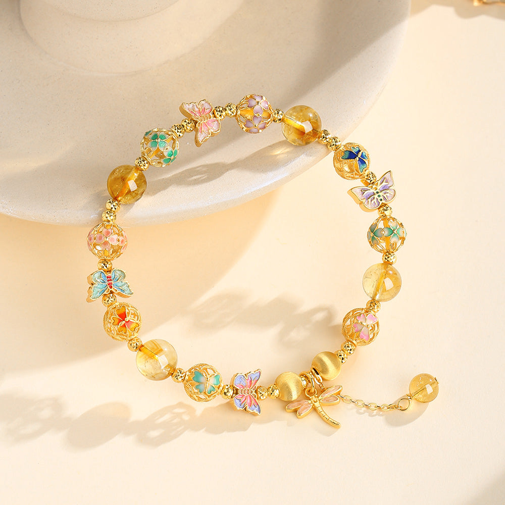 S925 Silver Dragonfly Butterfly Embroidery Ball Citrine Beaded Bracelet