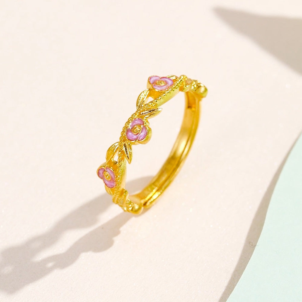 Monet Garden Series 24K Gold Enamel Pink Rose Ring