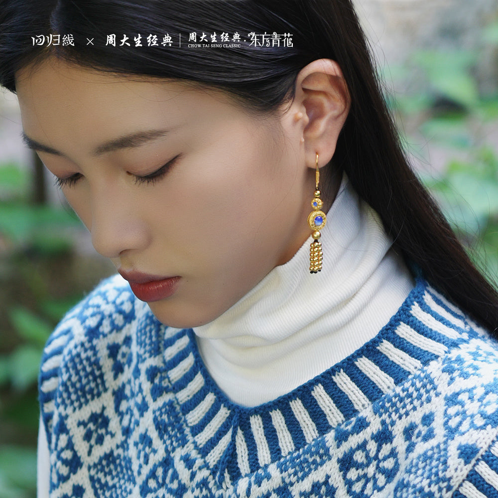 Oriental Blue and White Series 24K Gold Calabash Gourd Drop Earrings