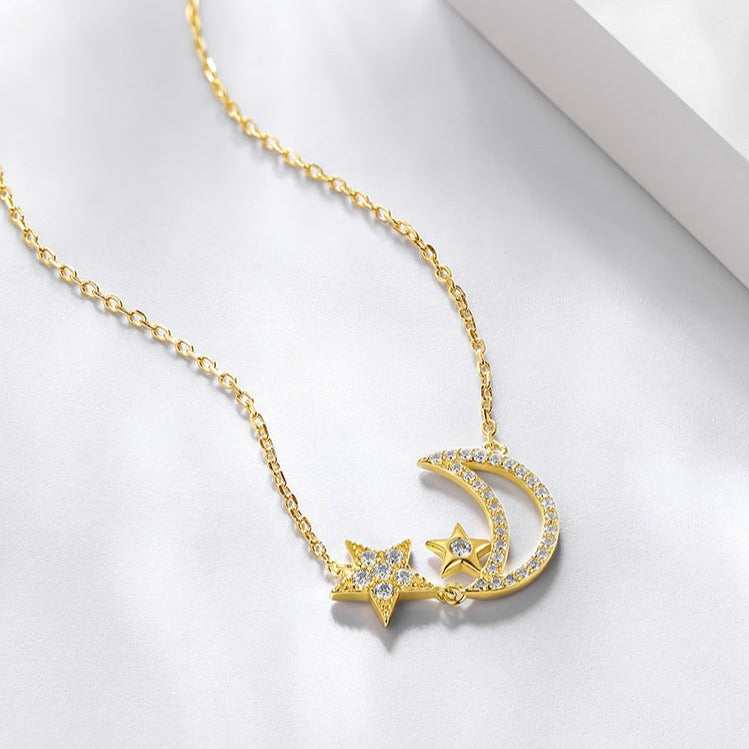 S925 Silver Star and Moon Jewelry Set - Necklace Bracelet