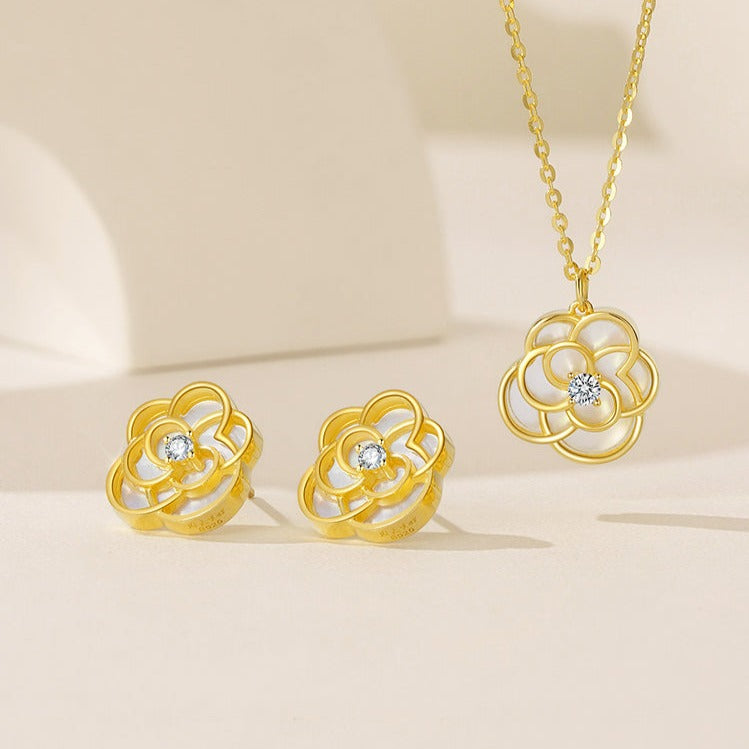 S925 Silver Camellia White Shell Necklace Jewelry Set