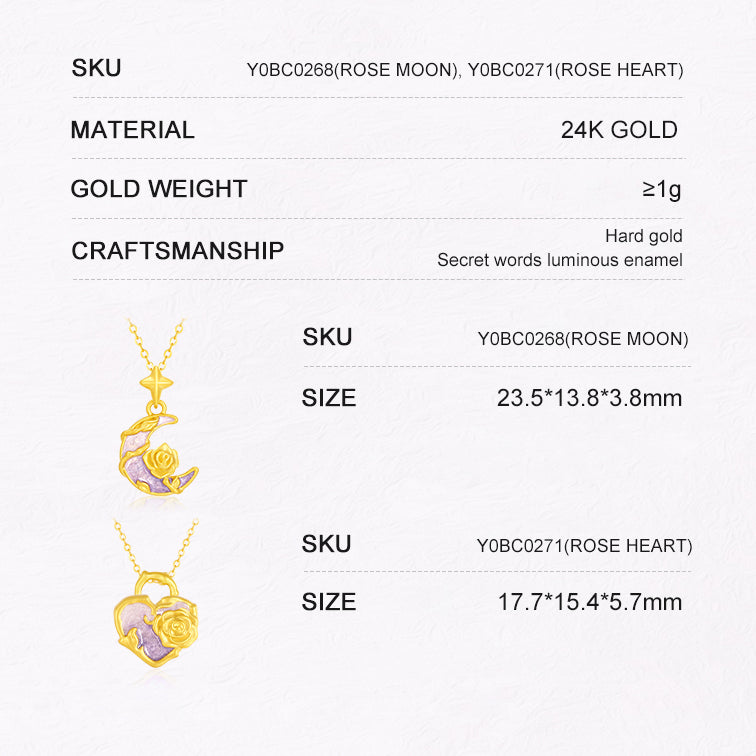 Monet Garden Series 24K Gold Secret Words Luminous Enamel Rose Heart Lock Pendant