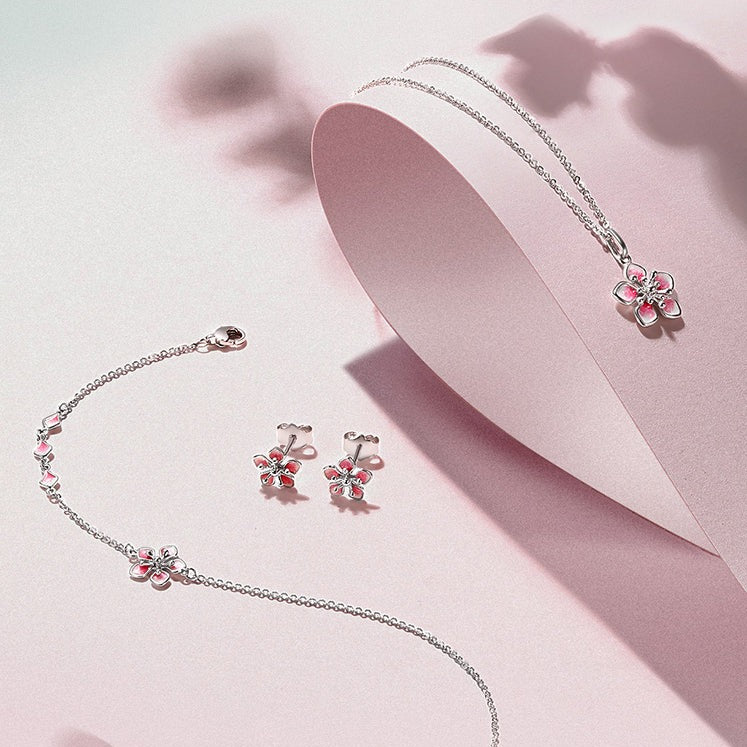 Pt950 Platinum Enamel Peach Blossom Flower Earrings