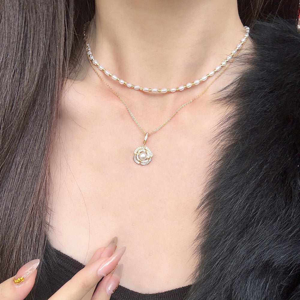 S925 Silver Pearl Camellia Double Layer Necklace