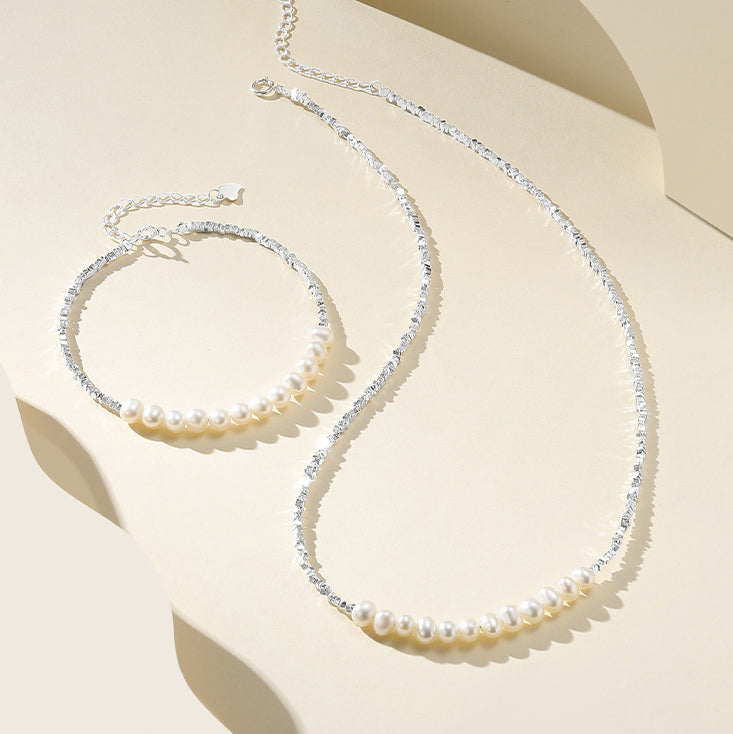 S925 Silver Small Cube Pearl Jewelry Set