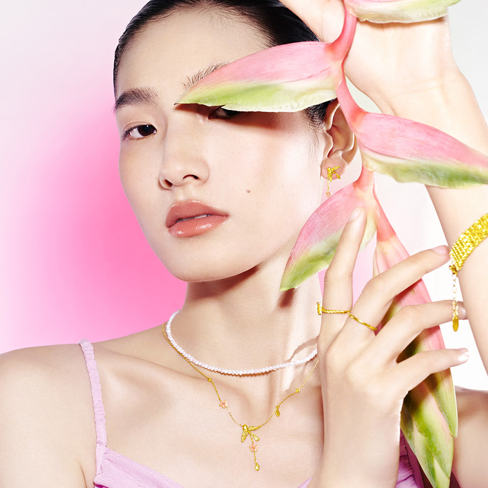 Twelve Gods of Flowers Series 24K Gold Enamel Magpie and Plum Blossom Y Necklace