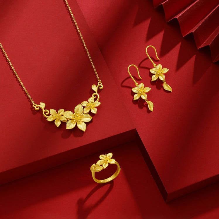 Happy Flower Wedding Series 24K Gold Elegant Nicotiana Alata Flower Jewelry Set - Ring Earrings Necklace