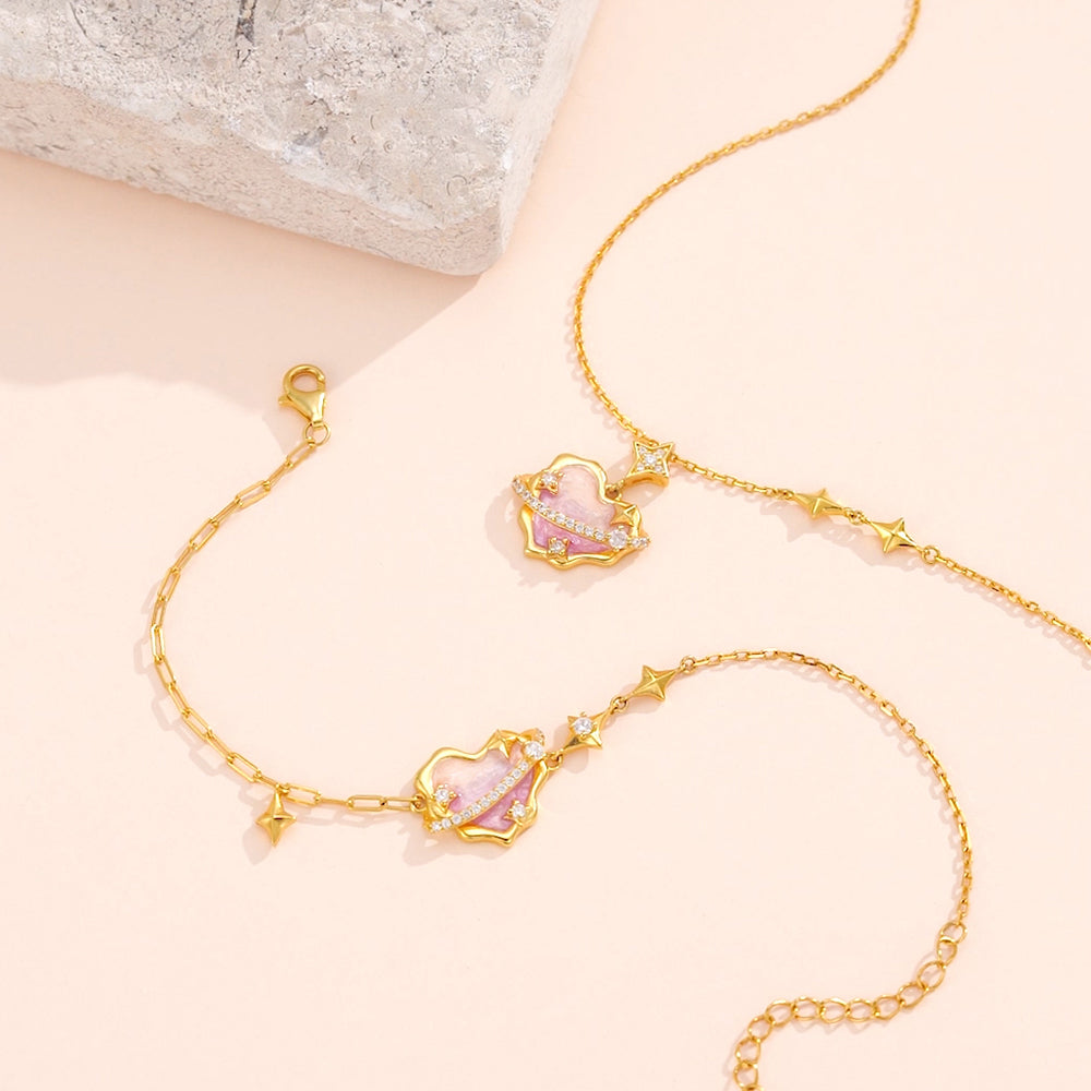 S925 Silver Secret Words Luminous Enamel Heart Planet Jewelry Set - Necklace Bracelet