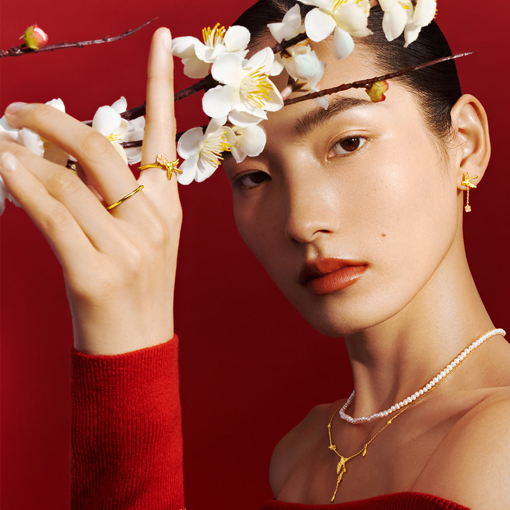 Twelve Gods of Flowers Series 24K Gold Enamel Magpie and Plum Blossom Ring