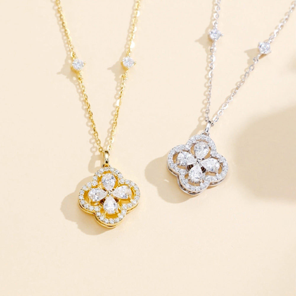 S925 Silver Zircon Double-sided Rotatable Lucky Clover Necklace