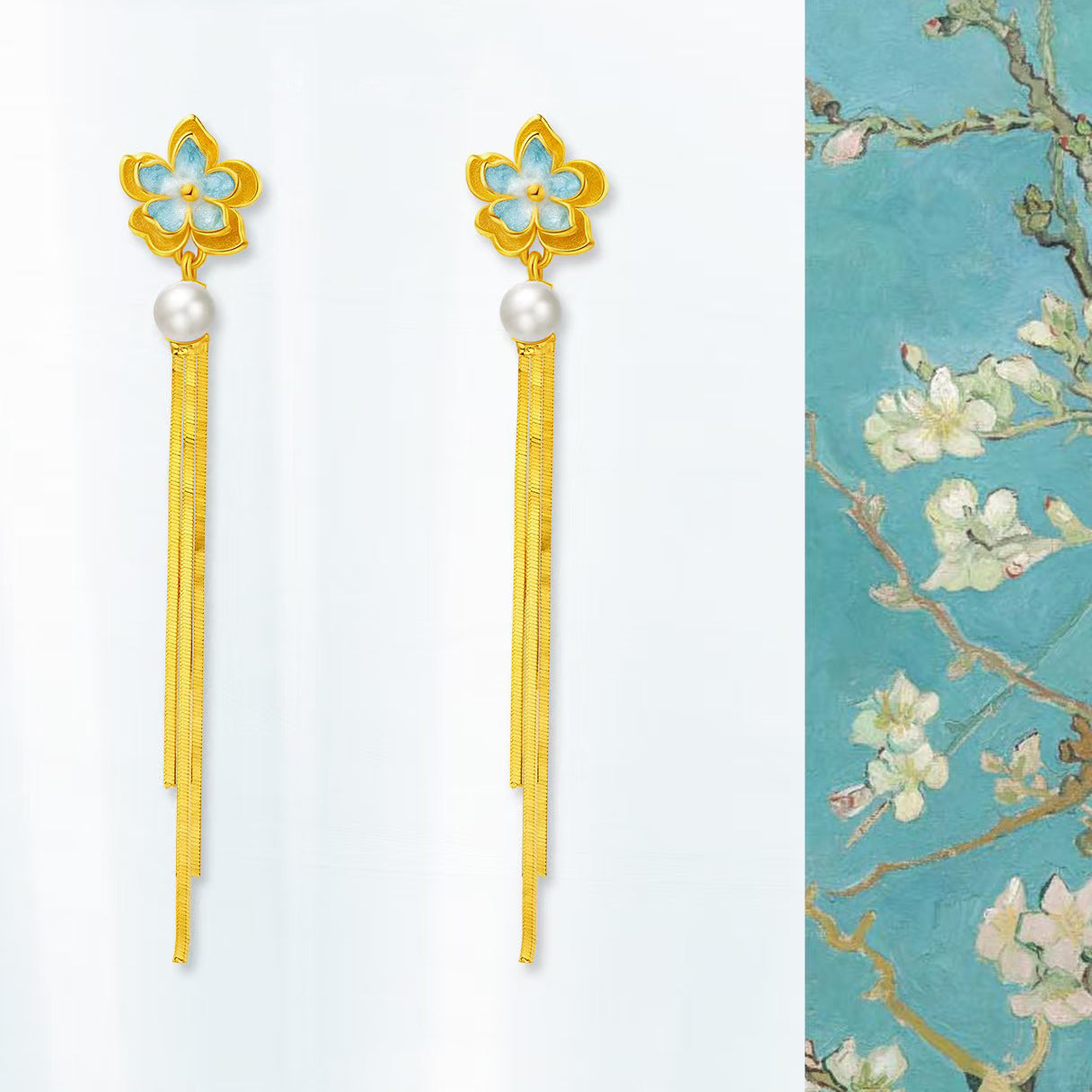 Blazing Van Gogh Series 24K Gold Pearl Blue Almond Flower Tassel Earrings