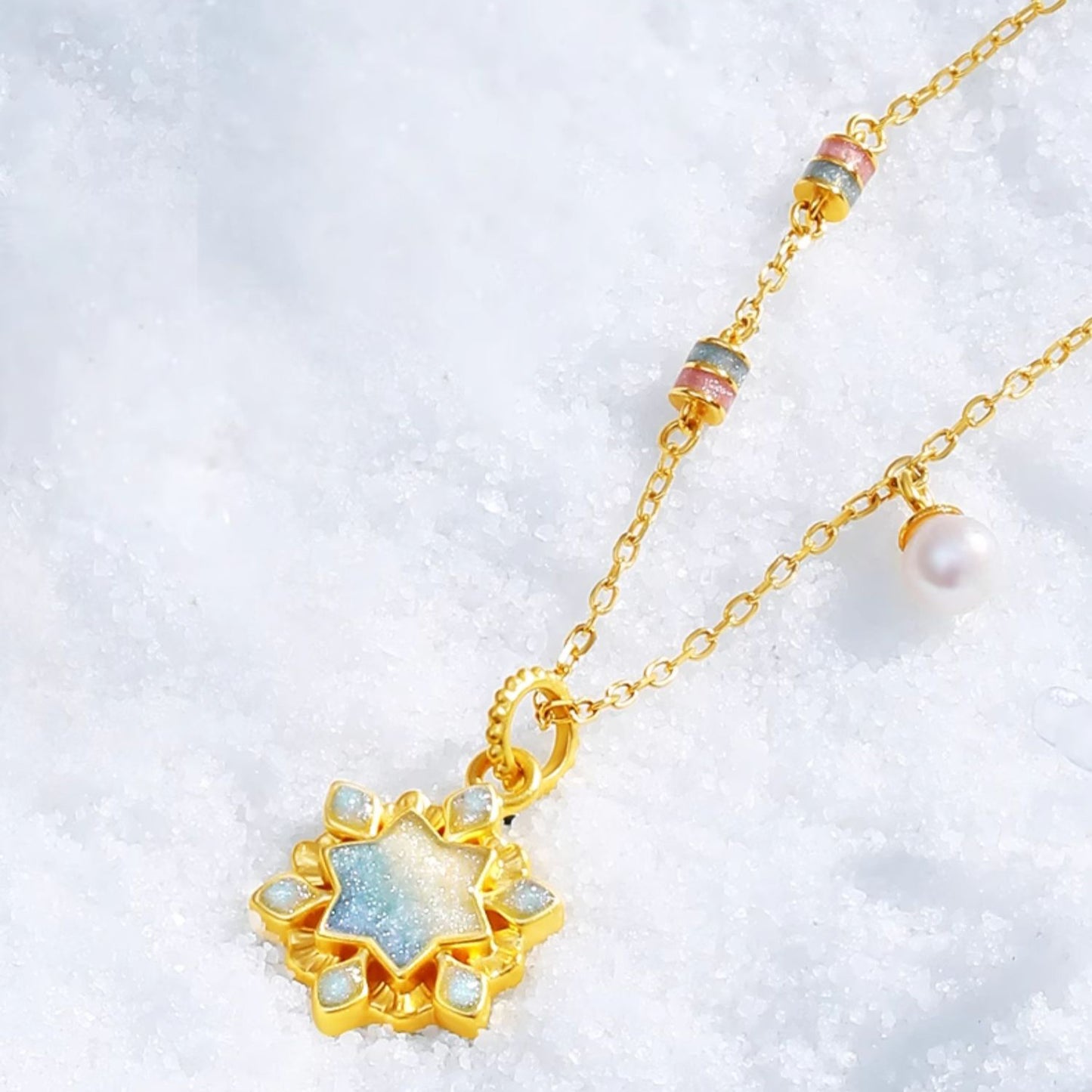 24K Gold Luminous Enamel Snowflake Pendant