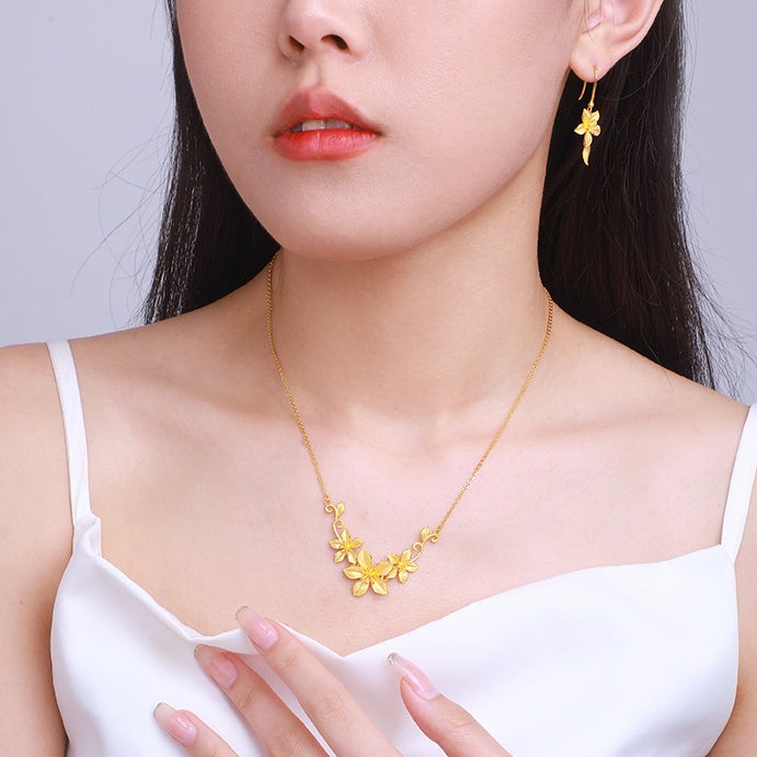Happy Flower Wedding Series 24K Gold Elegant Nicotiana Alata Flower Jewelry Set - Ring Earrings Necklace